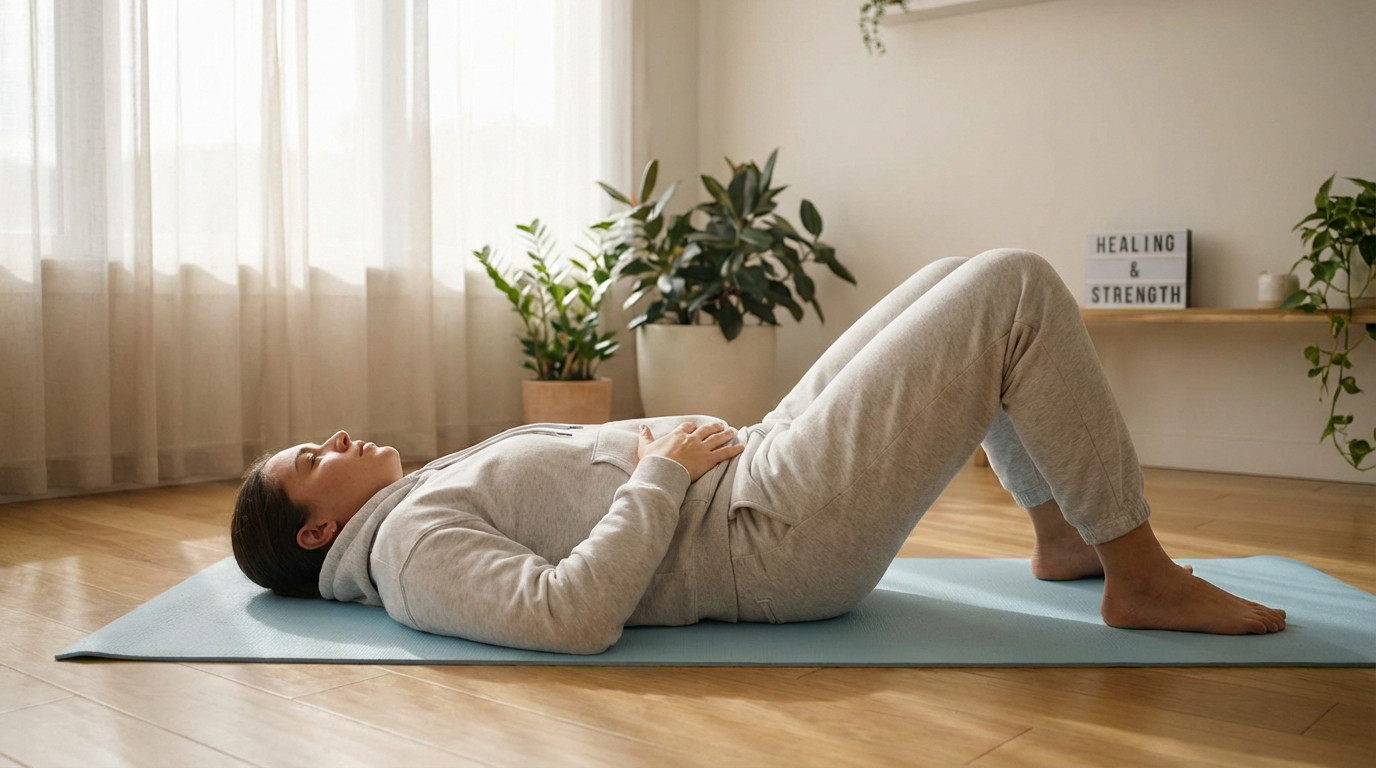 A person in grey athletic wear on a blue yoga mat, performing a core exercise in a brightly lit room. A sign says 'HEALING & STRENGTH'.