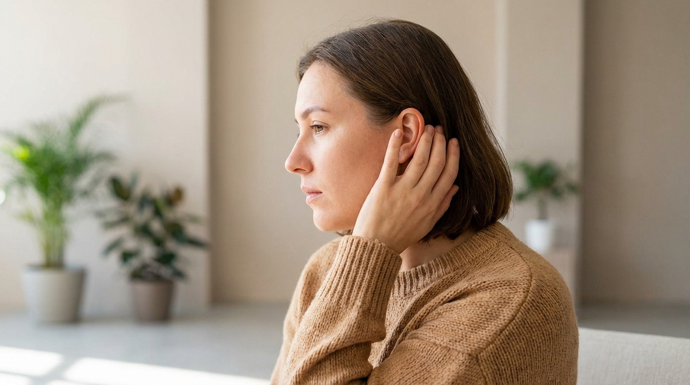 Side profile of an adult with thoughtful expression, gently touching their ear, emphasizing self-examination for skin health.