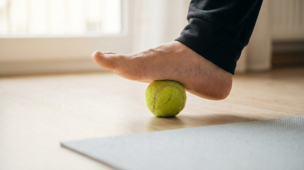 Un pied nu masse la voûte plantaire avec une balle de tennis sur un parquet clair. Un exercice pour l'épine calcanéenne.