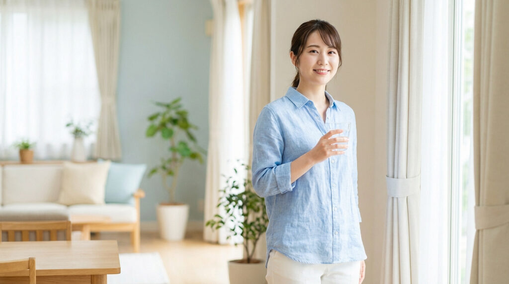 Jeune femme souriante, vêtue d'une chemise bleue, tenant un verre d'eau dans un intérieur lumineux.