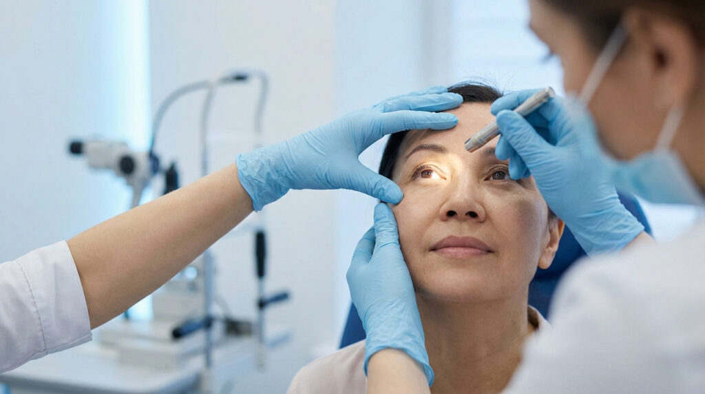Professionnel ganté examine l'œil d'une patiente avec une lampe stylo. Scène de diagnostic ophtalmologique en clinique.