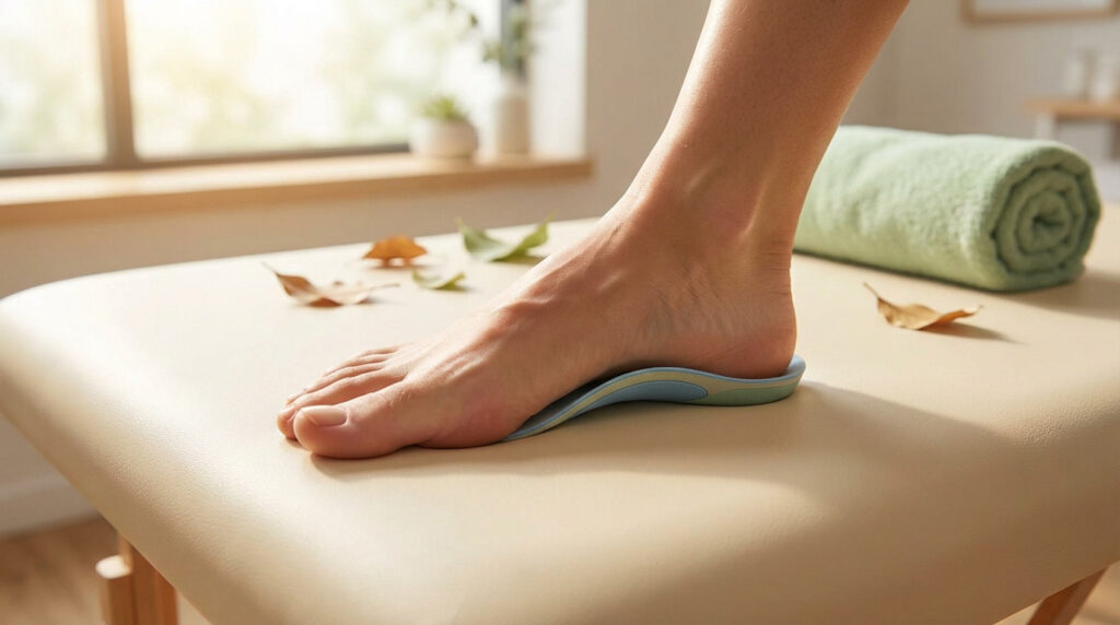 Close-up of a foot with a supportive blue orthotic insole under the arch, resting on a medical table in a bright wellness setting.