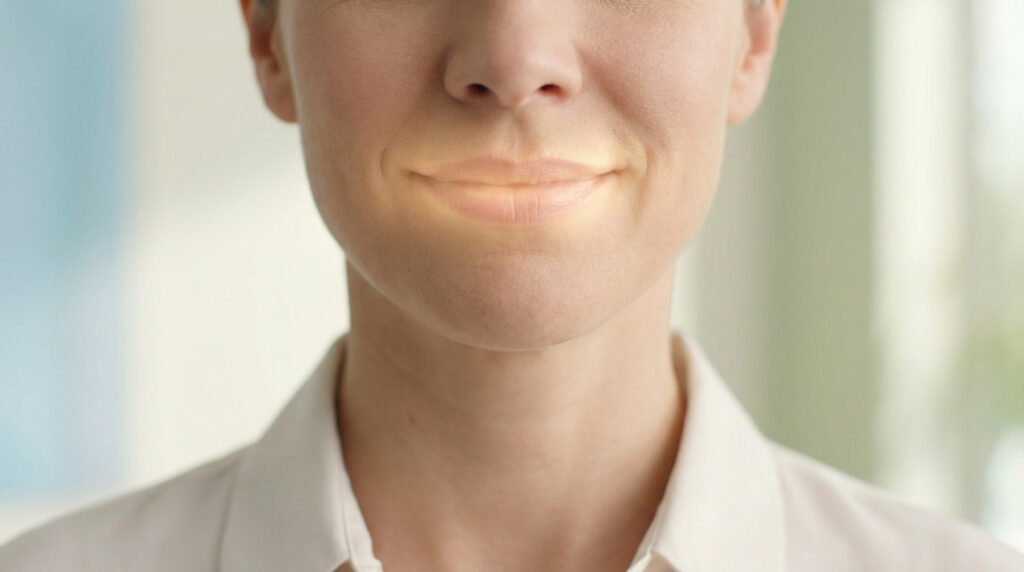Gros plan sur la bouche d'une personne souriante, les lèvres et la zone péribuccale légèrement lumineuses, symbolisant la guérison.