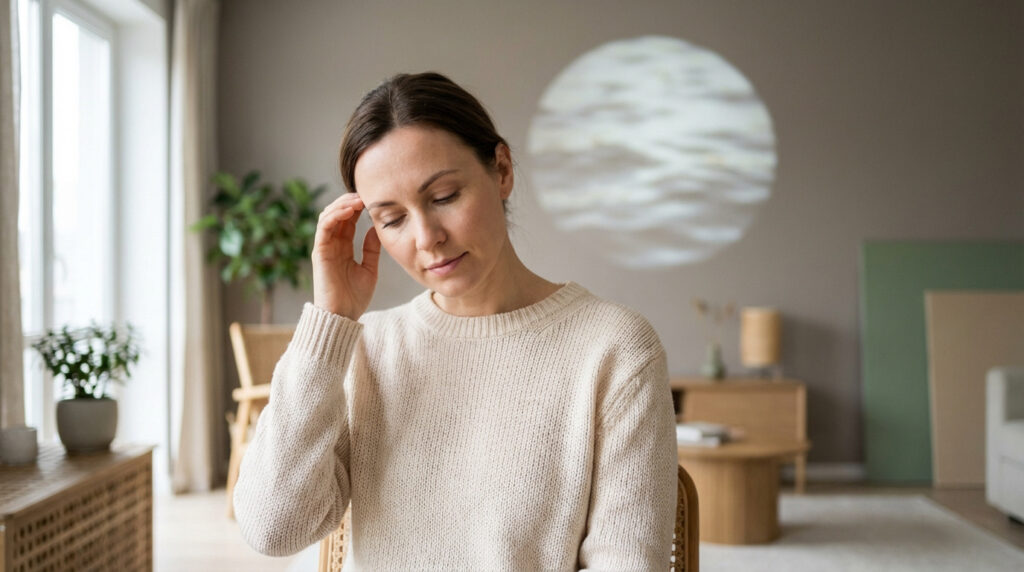 Femme en pull beige, main sur la tempe, visage fermé, dans un intérieur lumineux. Une image de vagues est projetée au mur.