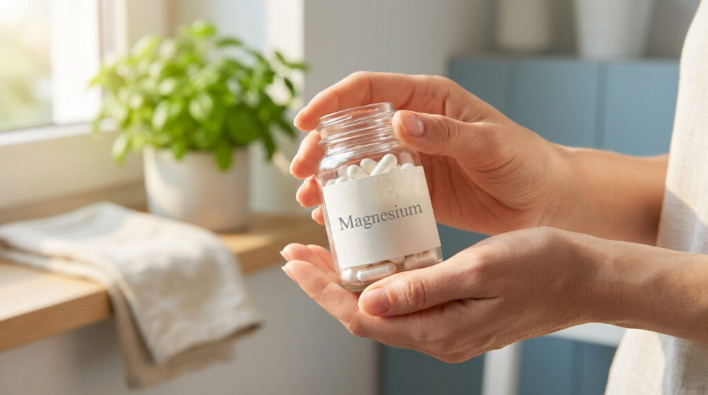 Close-up of hands gently holding a clear bottle of magnesium capsules, with a blurred green plant in natural light.