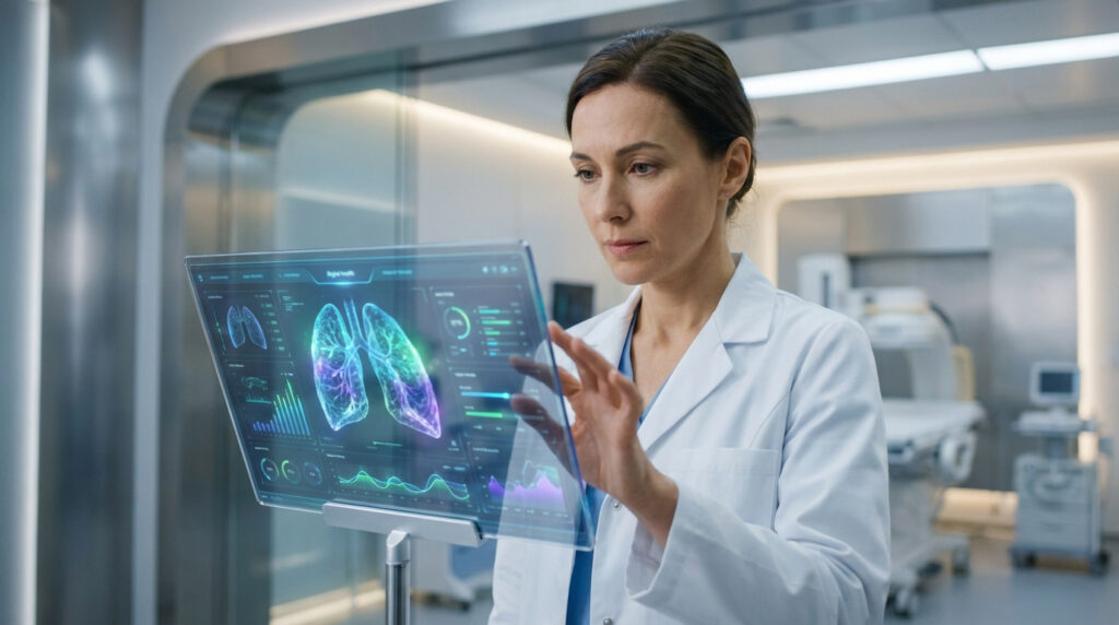 Médecin examine des poumons en 3D sur écran holographique transparent. Représentations pulmonaires colorées et données médicales affichées.