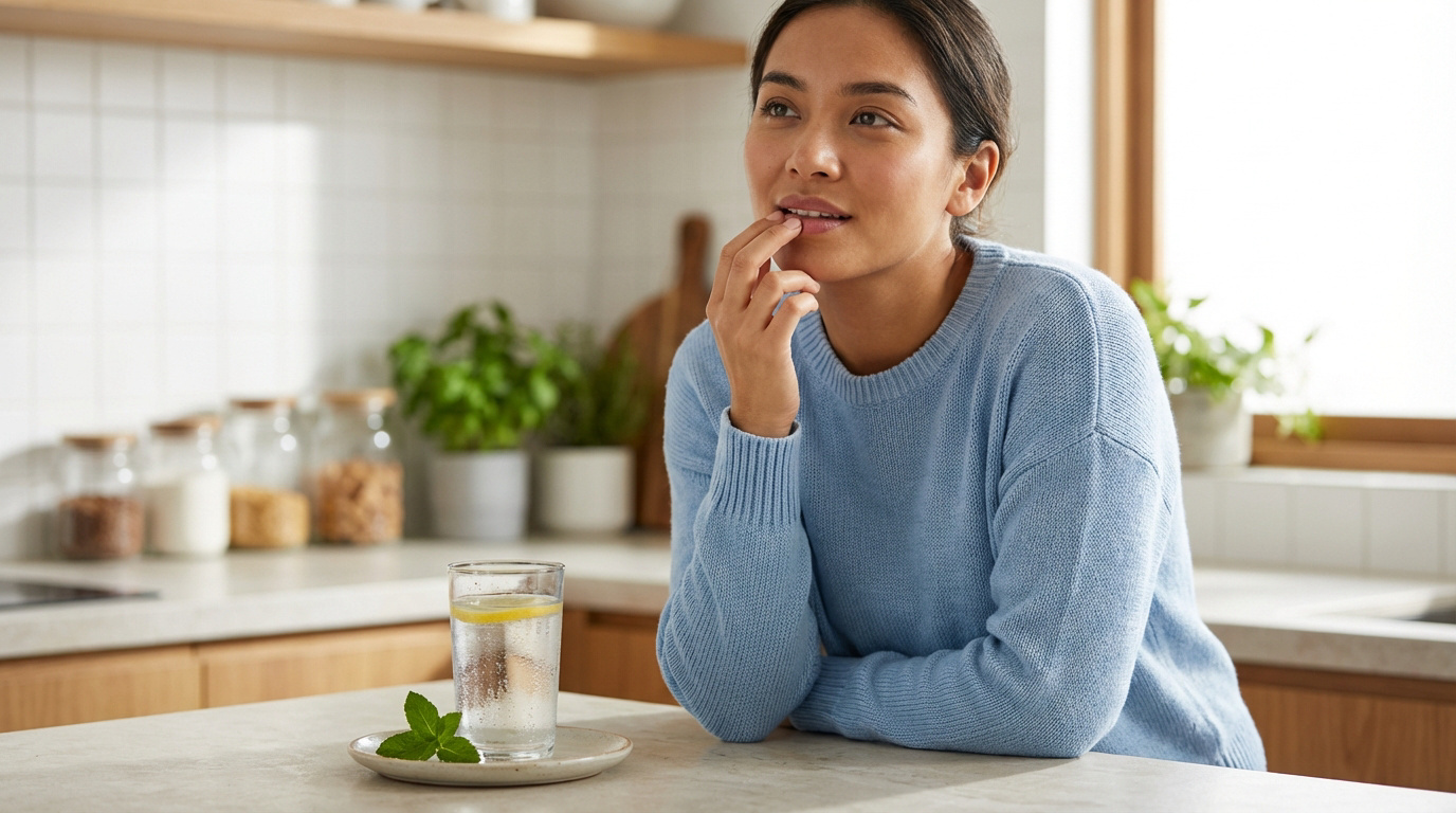 Une femme pensive en pull bleu clair, la main sur la bouche, près d'un verre d'eau citronnée dans une cuisine moderne.