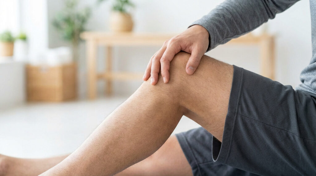 Homme en tenue de sport se tenant le genou droit, signe de douleur ou de lésion du ménisque, dans un intérieur lumineux.