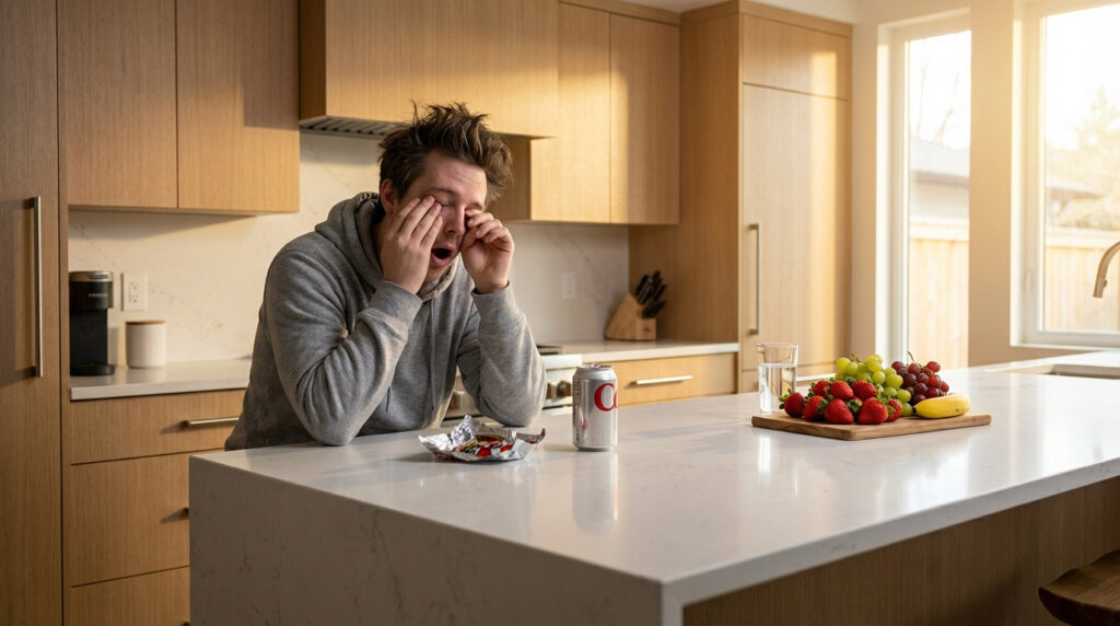 Homme épuisé se frottant les yeux dans sa cuisine, devant bonbons et soda, avec fruits frais en arrière-plan. Conflit entre fatigue et choix sains.