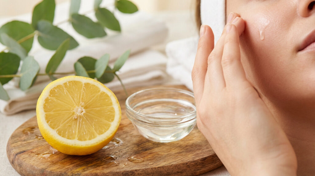 Une main applique un liquide sur le visage près d'un citron coupé et un bol d'eau, avec des feuilles d'eucalyptus en fond.