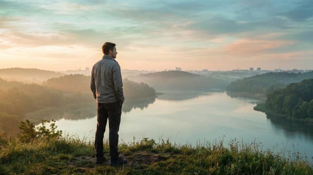 Homme de dos sur une colline, regardant une rivière et un paysage brumeux au lever/coucher du soleil, avec une ville au loin.