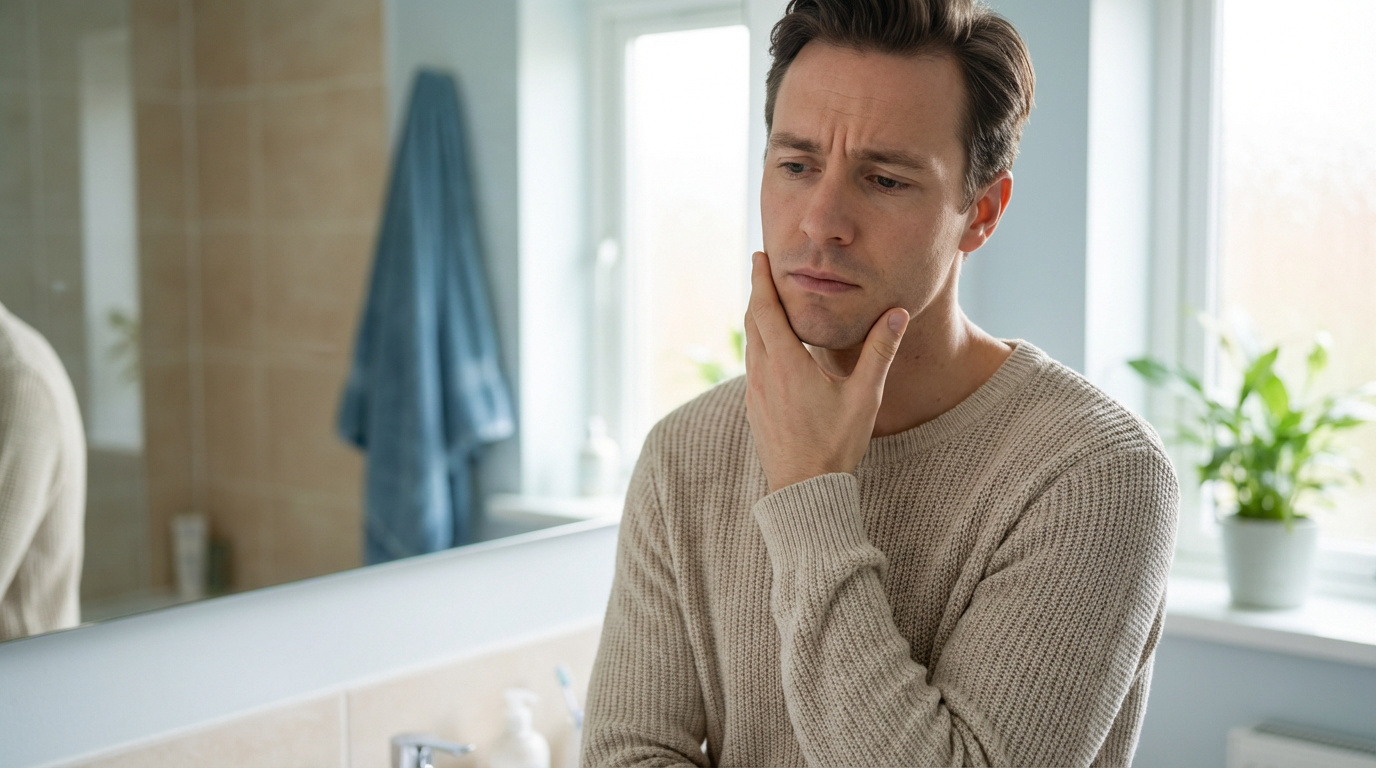 Un homme avec un air préoccupé se tient le menton dans une salle de bain, suggérant une inquiétude pour sa santé.