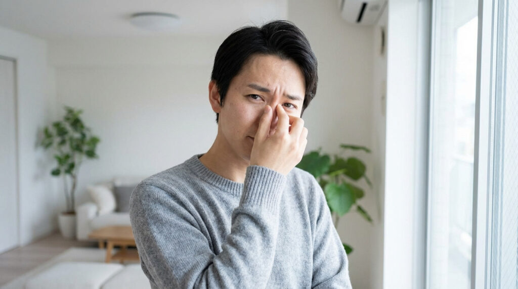 Un homme asiatique en pull gris se frotte l'arête du nez, l'air gêné, dans un salon lumineux.