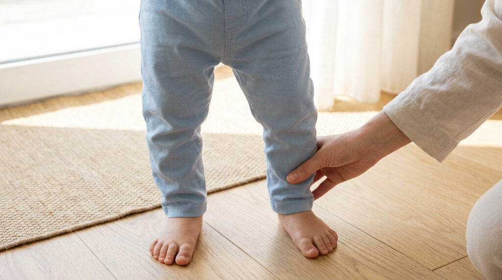 Gros plan sur les jambes d'un jeune enfant en pantalon bleu, pieds nus, dont une jambe est tenue par une main d'adulte pour un soutien ou un examen, sur un plancher en bois clair.