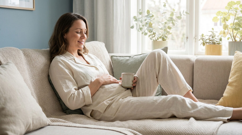 Femme souriante en pyjama clair, relaxant sur un canapé, main sur le ventre, tasse à la main.