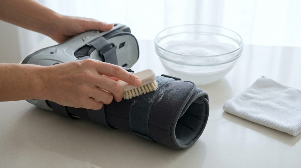 Mains frottant une botte orthopédique grise avec une brosse. À côté, un bol d'eau savonneuse et un chiffon blanc sur une table blanche.
