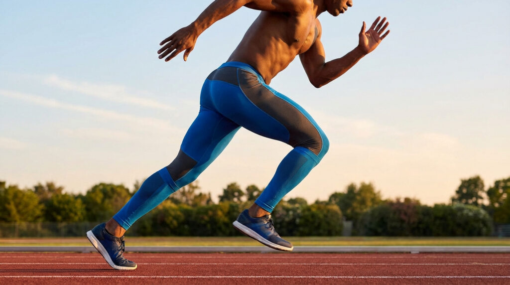 Homme athlétique en pleine course sur piste. Il porte des bas de contention bleus et gris, optimisant ses performances.