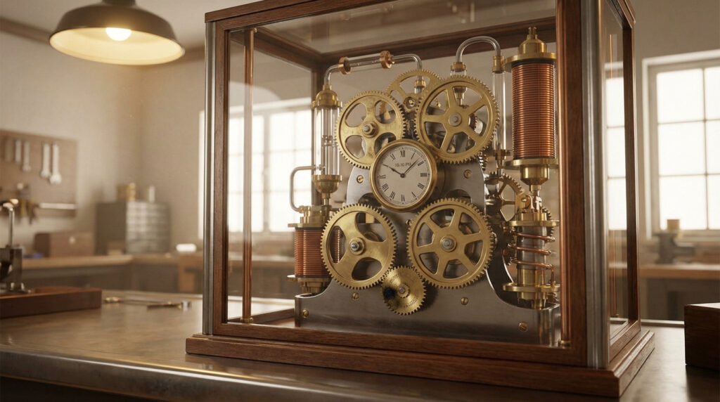 Mécanisme horloger complexe en laiton et cuivre sous vitrine en bois. Engrenages, tubes et horloge visible dans un atelier.
