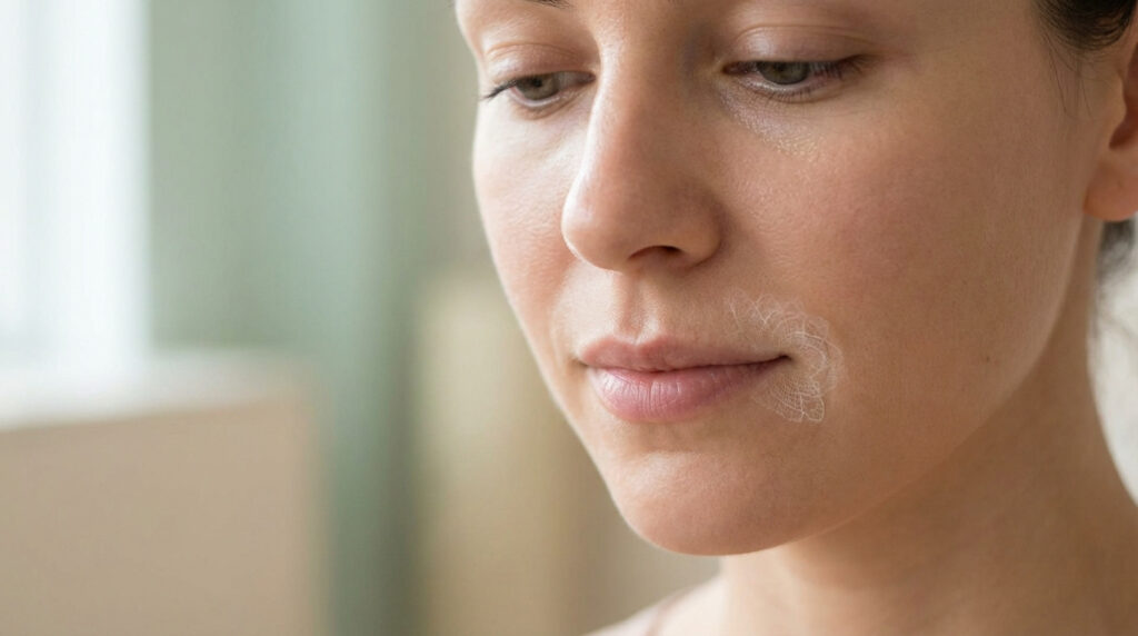 Gros plan sur le visage d'une femme. Des motifs blancs stylisés, comme de la dentelle, sont visibles sur la peau au-dessus de sa lèvre supérieure.