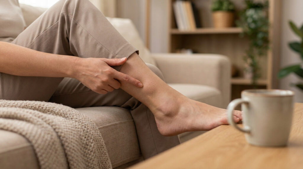 Main de femme pointant sa jambe nue assise sur un canapé, suggérant un examen des jambes gonflées ou lourdes.